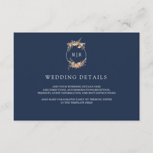 Herfst Wildflower Crest Navy Blue Wedding Details Informatiekaartje (Voorkant)