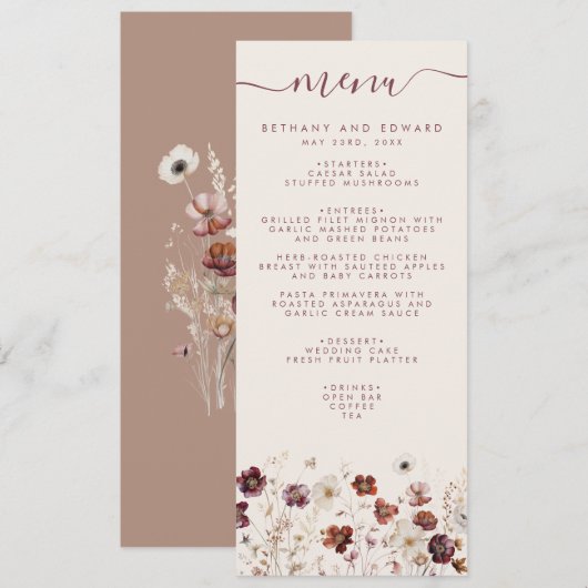 Herfst Wildflower Field Beige Wedding Menu (Voorkant / Achterkant)