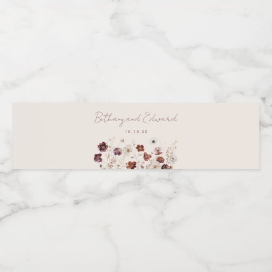 Herfst Wildflower Field Beige Wedding Waterfles Etiket (Enkel label)