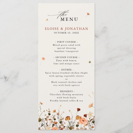 Herfst Wildflower Garden Floral Boho Chic bruiloft Menu (Voorkant)