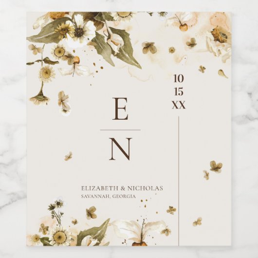 Herfst Wildflower | Monogram Bruiloft Wijn Label Wijn Etiket (Enkel label)
