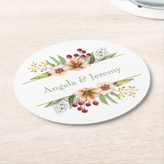 Herfst Wildflower Waterverf Bruiloft Wijze Ronde Kartonnen Onderzetter (Gebogen)