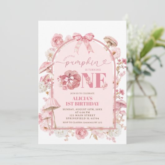 Herfst wit en roze pompoen eerste verjaardag kaart (Staand voorkant)