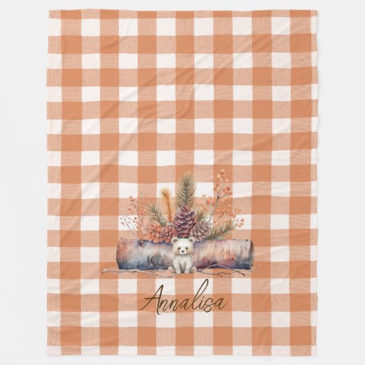 Herfst Woodland Beer Rustic Gingham gepersonalisee Fleece Deken (Voorkant)