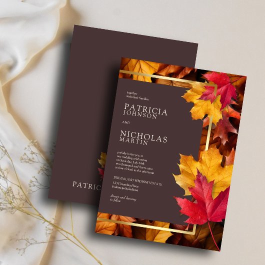 Herfst Woody Brown & Elegant Golden Lijst Wedding Kaart