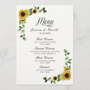 Herfst Yellow Sunflower Rustic Barn Wedding Menu Kaart