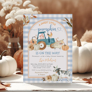 Herfst Zoete Kleine Pompoen Blauwe Gingham Baby Sh Kaart