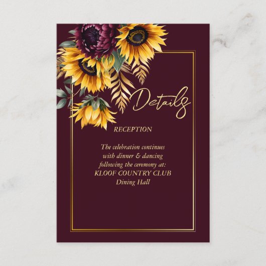 Herfst zomer bordeaux zonnebloemen bruiloft detail informatiekaartje (Voorkant)