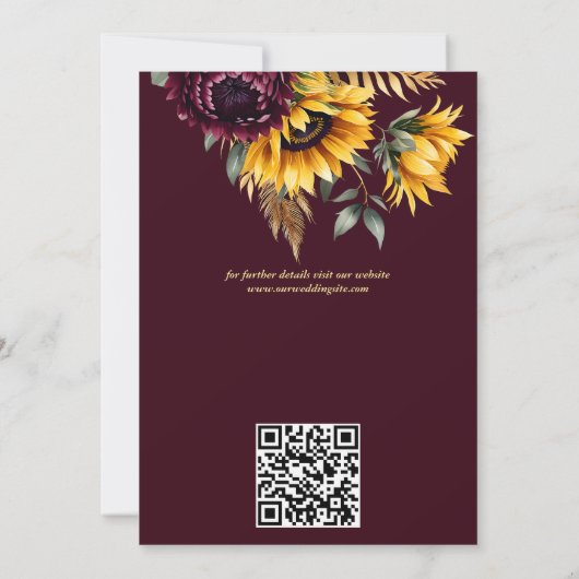 Herfst zomer bruiloft bordeaux zonnebloemen save the date (Achterkant)