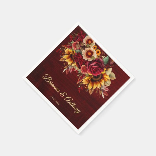 Herfst zonnebloem bruiloft bordeaux monogram gedru servet (Hoek)