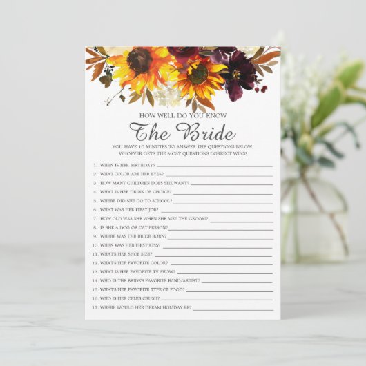 Herfst Zonnebloem Hoe goed ken je het bruidsspel Kaart (Staand voorkant)
