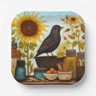 Herfst Zonnebloem Vogel Op Keuken Tafel Decoupage Papieren Bordje