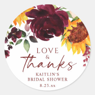 Herfst Zonnebloemen & Burgundy Rozen Bruidsdouche Ronde Sticker