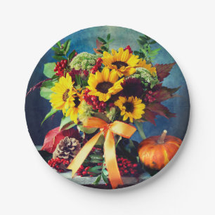 Herfst Zonnebloemen en Bow, 7" Rond Papier Bord