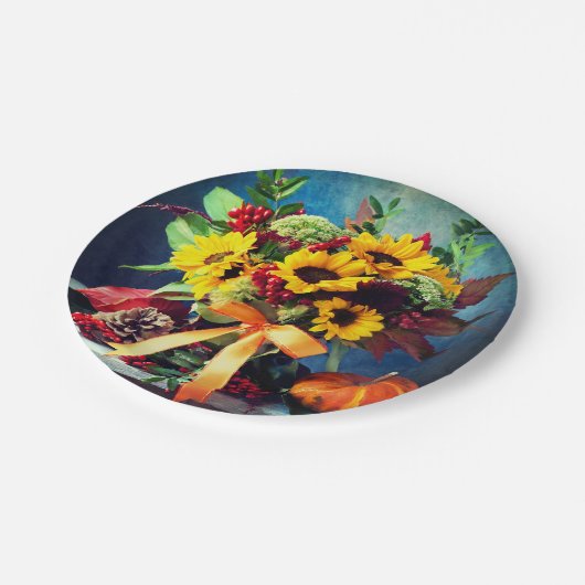 Herfst Zonnebloemen en Bow, 7" Rond Papier Bord (Gekanteld)