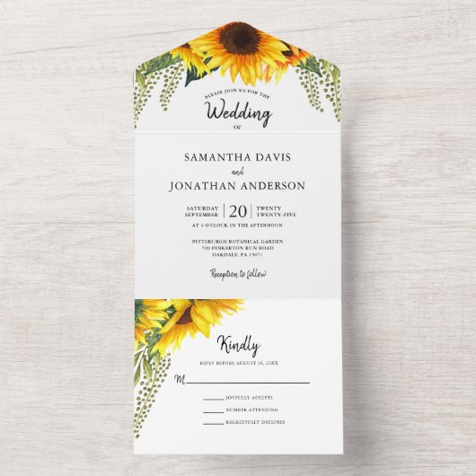 Herfst Zonnebloemen & Groen Bladgroen Bruiloft All In One Uitnodiging (Binnen)