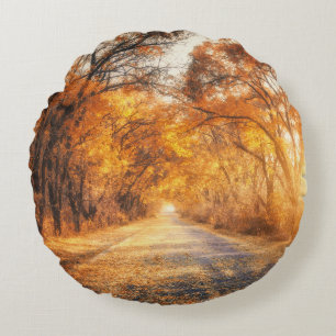 Herfst zonsondergang: bosweg landschap. rond kussen