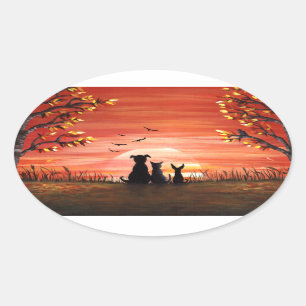 Herfst Zonsondergang Honden en Kat Huisdieren Ovale Sticker