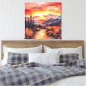 Herfst Zonsondergang op de Bergse Waterverf Canvas Afdruk (Insitu (Slaapkamer))