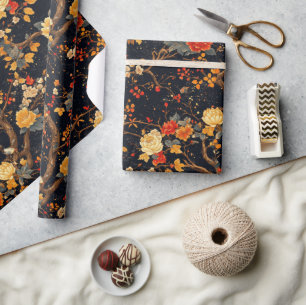 Herfst Zwarte Sinaasappelblad Chinoiserie Cadeaupapier