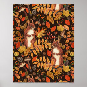 Herfstachtige eekhoorns en flora op donkerbruin poster