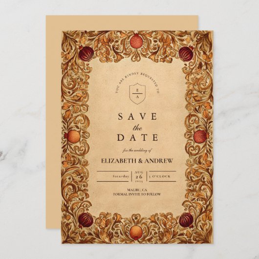 Herfstblad granaatappel bruiloft save the date (Voorkant / Achterkant)