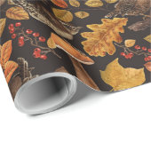 Herfstbladeren, bessen, paddenstoelen en winterkon cadeaupapier (Rol Hoek)