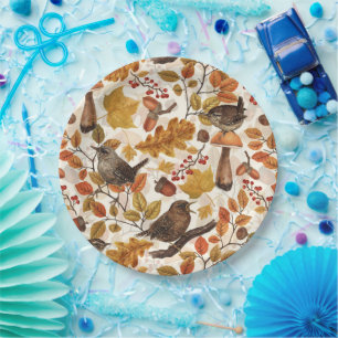 Herfstbladeren, bessen, paddenstoelen en winterkon papieren bordje