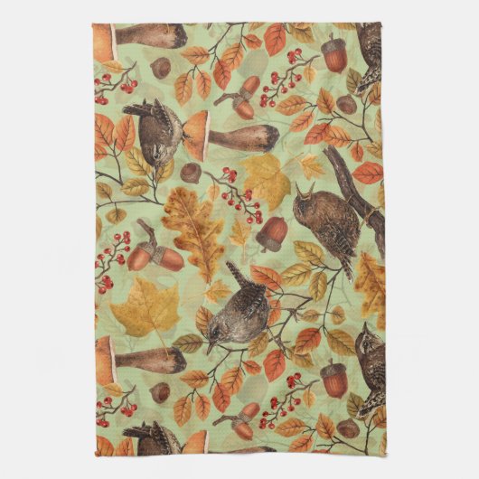 Herfstbladeren, bessen, paddenstoelen en winterkon theedoek (Verticaal)