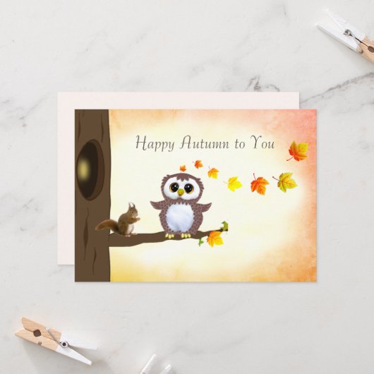 Herfstbladeren & Eekhoorn Gelukkig herfstgroet Kaart (Voorkant / Achterkant in situ)