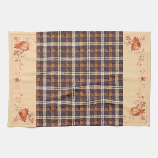 Herfstbladeren en bloemen op plaid theedoek (Horizontaal)