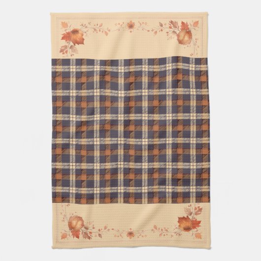 Herfstbladeren en bloemen op plaid theedoek (Verticaal)