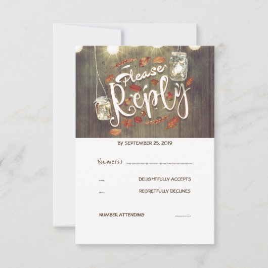 Herfstbladeren en Mason Jar Huwelijksreactie RSVP Kaartje (Voorkant)