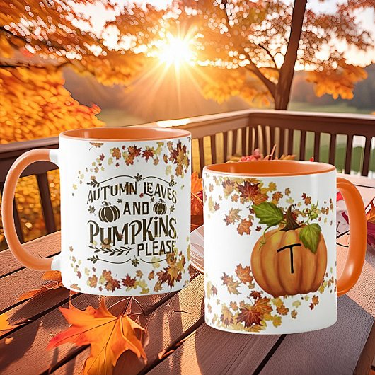 Herfstbladeren en pompoenen graag monogram pompoen mok