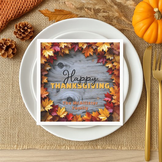 Herfstbladeren en rustieke houtnerf Thanksgiving Servet