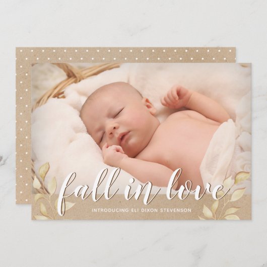 Herfstbladeren "Fall in Love" geboorteaankondiging Bedankkaart (Voorkant / Achterkant)