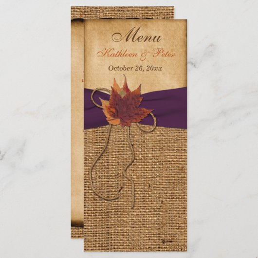Herfstbladeren, FAUX Burlap Bruiloft Menu Kaart (Voorkant / Achterkant)
