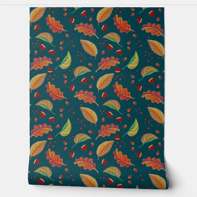 Herfstbladeren, kastanjes, hazelnoten en bessen va behang (Afrollen)