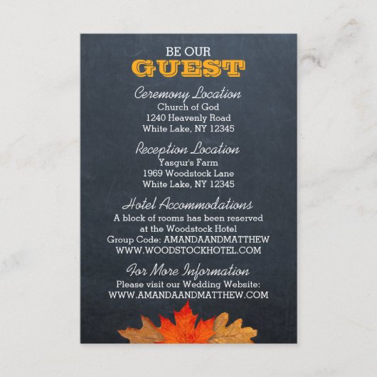 Herfstbladeren krijtbord Bruiloft Informatie Kaart (Voorkant)