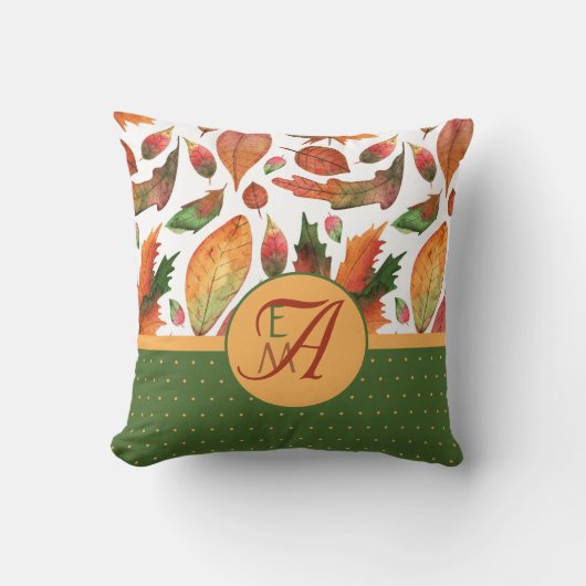 Herfstbladeren met monogram Oranje Groene Decorati Kussen (Voorkant)