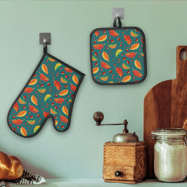 Herfstbladeren Noten Kastanjes Patroon Elegante He Ovenwant & Pannenlap Set
