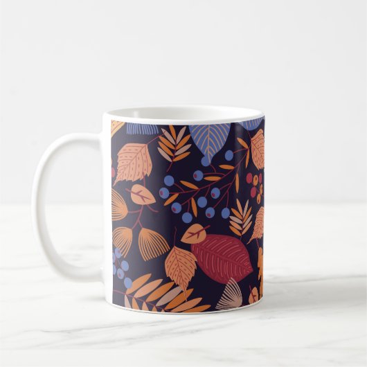 Herfstbladeren, paddenstoelillustratie. koffiemok (Links)