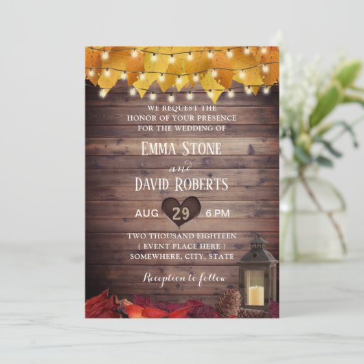 Herfstbladeren Rustieke Lantaarn Herfst Bruiloft Kaart (Staand voorkant)
