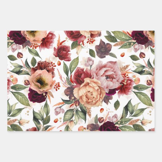 Herfstbloemen Bourgondiërood Oranje Botanisch Bloe Inpakpapier Vel (Voorkant 3)