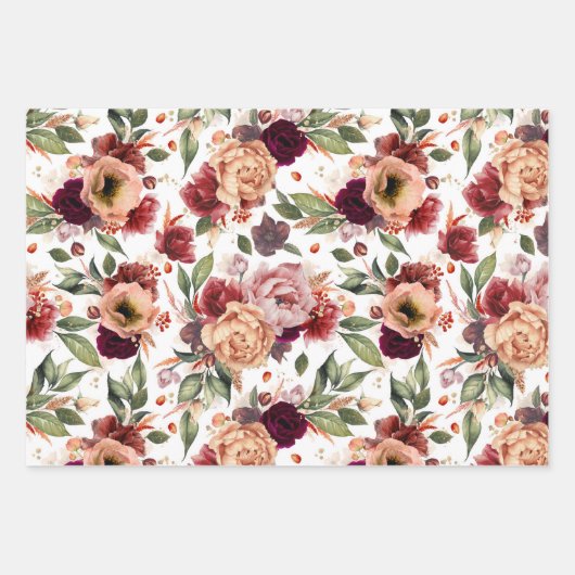 Herfstbloemen Bourgondiërood Oranje Botanisch Bloe Inpakpapier Vel (Voorkant 2)