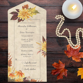 Herfstbloemen op oud papier all in one uitnodiging