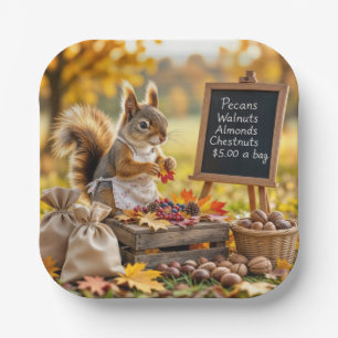 Herfstboerderijstand met een eekhoorn papieren bordje