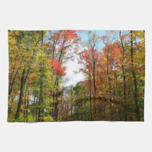 Herfstbomen en blauwe lucht Herfst Natuurfotografi Theedoek