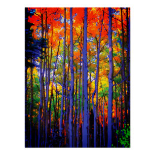 Herfstbomen met blauwe stammen en oranje bladeren perfect poster
