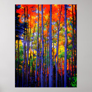 Herfstbomen met blauwe stammen en oranje bladeren poster